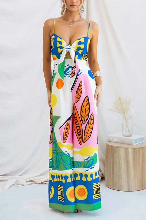 Margovil Spaghetti Strap Cut Out Unique Print Wide Leg Jumpsuit