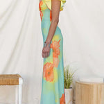 V Neck Ruffle Short Sleeves Floral Print Maxi Dress