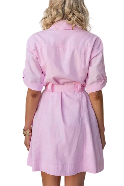 Rolled Up Sleeves Bow Waist Pocketed Mini Shift Dress