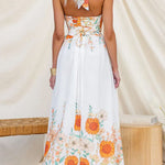 Halter V Neck Lace-up Backless Sunflower Print Maxi Dress