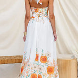 Halter V Neck Lace-up Backless Sunflower Print Maxi Dress