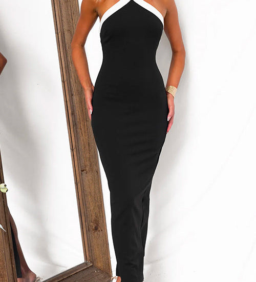 Halter Backless Color Block Bodycon Maxi Dress