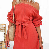 Off Shoulder Tie Waist A-line Mini Dress