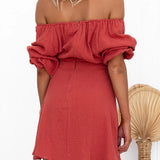 Off Shoulder Tie Waist A-line Mini Dress