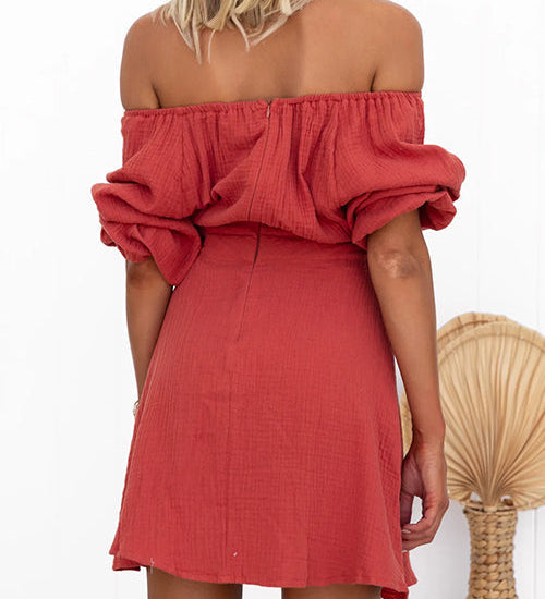 Off Shoulder Tie Waist A-line Mini Dress
