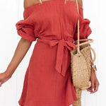 Off Shoulder Tie Waist A-line Mini Dress