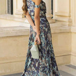 Asymmetrical Shoulder Printed Ruffle Hem Flowy Maxi Dress