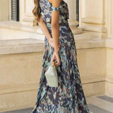 Asymmetrical Shoulder Printed Ruffle Hem Flowy Maxi Dress