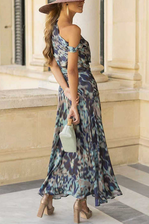 Asymmetrical Shoulder Printed Ruffle Hem Flowy Maxi Dress