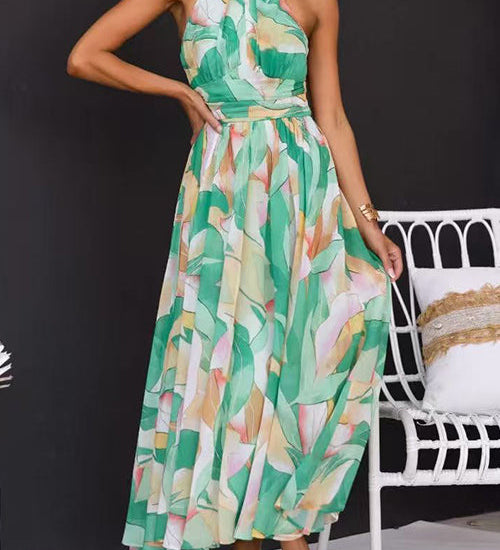 Halter Neck Open Back Waisted Printed Maxi Dress
