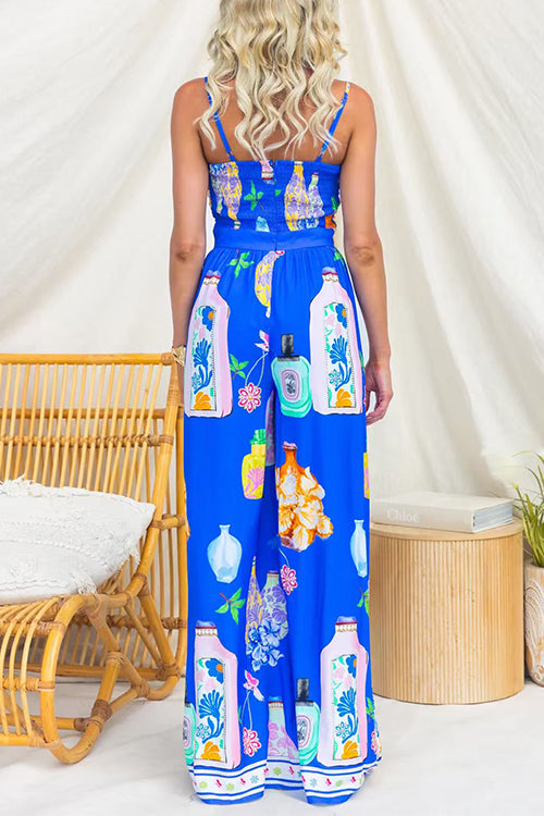 Spaghetti Strap Tie Knot Front Printed Wide Leg Jumpsuit