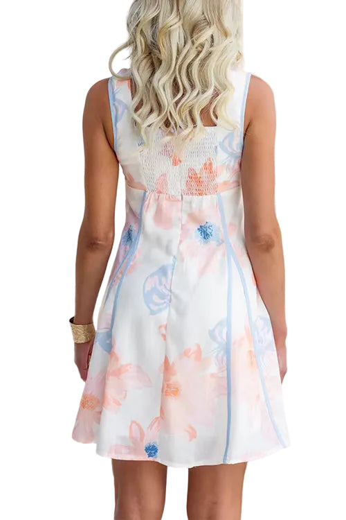 V Neck Sleeveless Floral Print Mini Dress