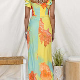 V Neck Ruffle Short Sleeves Floral Print Maxi Dress