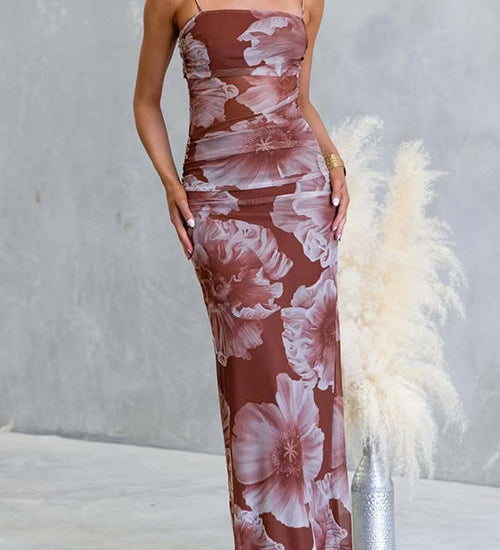 Spaghetti Strap Floral Print Mesh Overlay Maxi Dress