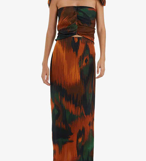 Strapless Cut Out Waist Back Slit Printed Maxi Dress