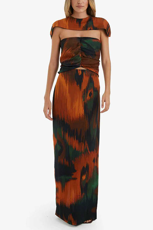 Strapless Cut Out Waist Back Slit Printed Maxi Dress