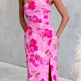 One Shoulder Sleeveless Floral Print Slit Maxi Dress
