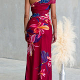 Asymmetrical Shoulder Floral Print Bodycon Maxi Dress