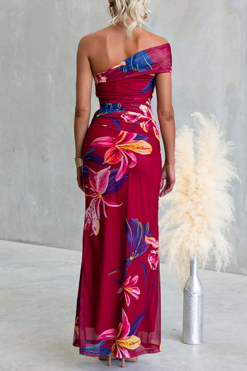 Asymmetrical Shoulder Floral Print Bodycon Maxi Dress