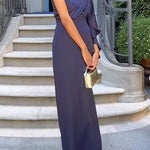 One Shoulder Long Sleeve Side Slit Satin Maxi Dress