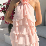 Margovil Flower Halter Neck Backless Ruffle Layered Mini Dress