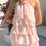 Margovil Flower Halter Neck Backless Ruffle Layered Mini Dress