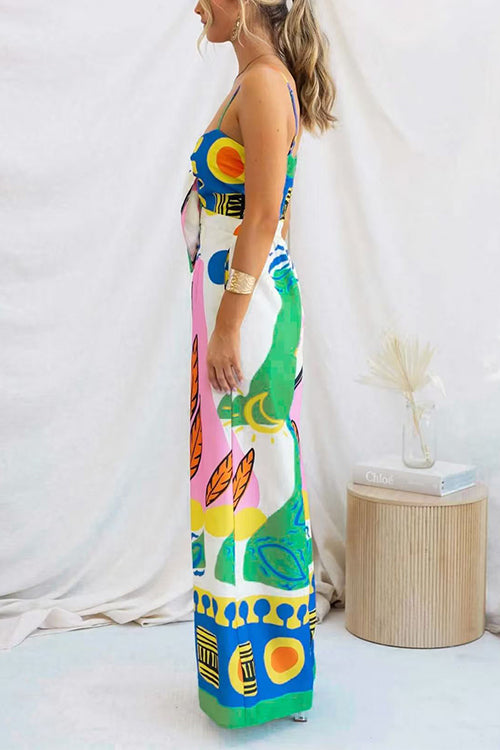Margovil Spaghetti Strap Cut Out Unique Print Wide Leg Jumpsuit