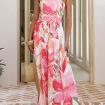 Strapless Bow Waist Floral Print Wide Leg Jumpsuit