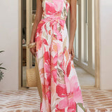 Strapless Bow Waist Floral Print Wide Leg Jumpsuit