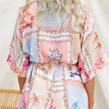 Half Sleeves Button Up Bow Waist Printed Romper