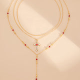 Colar elegante de várias camadas com corrente cruzada e diamantes