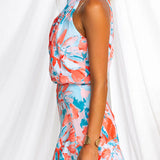 Tie Neck Sleeveless Open Back Floral Print Mini Dress