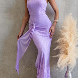 Square Neck Sleeveless Ruched Knot Lace Maxi Dress