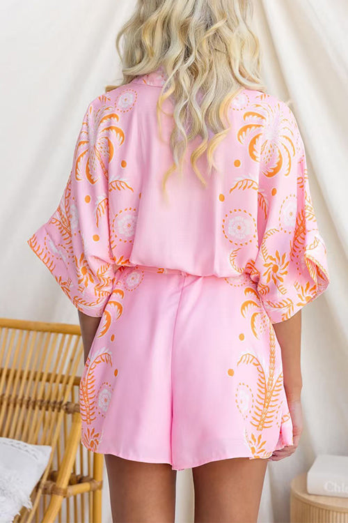 Short Sleeves Button Up Bow Waist Floral Print Romper