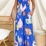 Spaghetti Strap Tie Knot Front Printed Wide Leg Jumpsuit