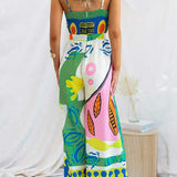 Margovil Spaghetti Strap Cut Out Unique Print Wide Leg Jumpsuit