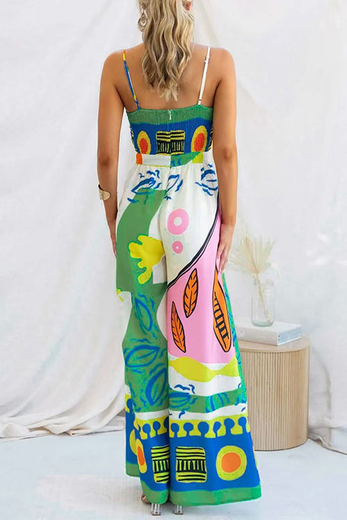 Margovil Spaghetti Strap Cut Out Unique Print Wide Leg Jumpsuit