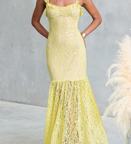 Sleeveless Lace Hollow Out Ruffle Trim Maxi Dress