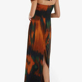 Strapless Cut Out Waist Back Slit Printed Maxi Dress