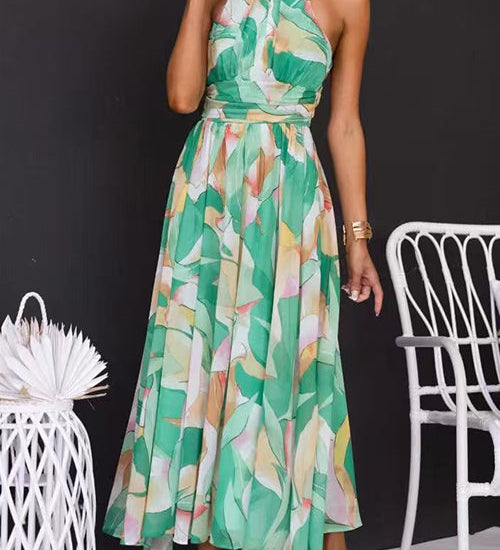 Halter Neck Open Back Waisted Printed Maxi Dress