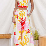 Floral Print Sleeveless Crop Top and Wide Leg Pants Set