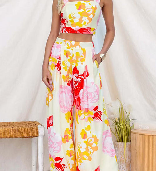 Floral Print Sleeveless Crop Top and Wide Leg Pants Set