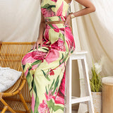 Sleeveless Crop Top and Wide Leg Pants Printed Set