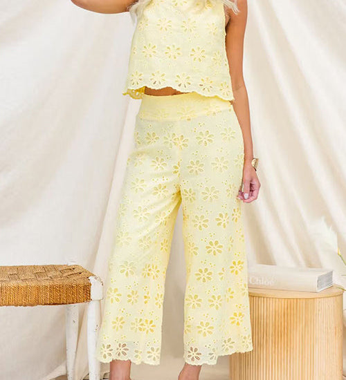 Elastic Waist Floral Lace Hollow Out Wide Leg Pants