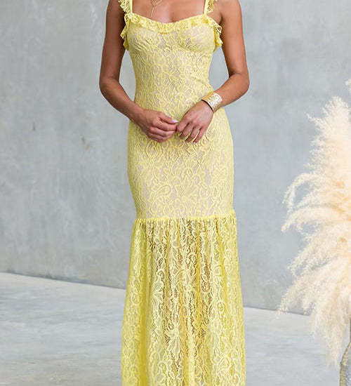 Sleeveless Lace Hollow Out Ruffle Trim Maxi Dress