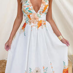 Halter V Neck Lace-up Backless Sunflower Print Maxi Dress