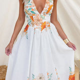 Halter V Neck Lace-up Backless Sunflower Print Maxi Dress