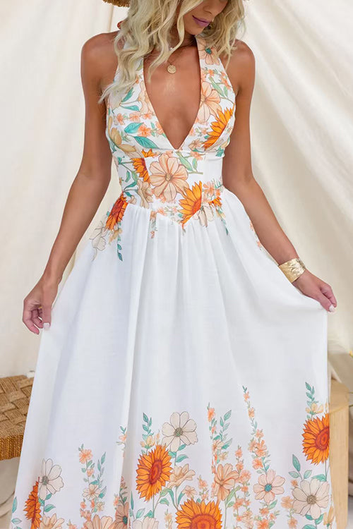 Halter V Neck Lace-up Backless Sunflower Print Maxi Dress