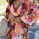 Wrap V Neck Long Sleeves Tie Waist Floral Print Romper