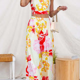 Floral Print Sleeveless Crop Top and Wide Leg Pants Set